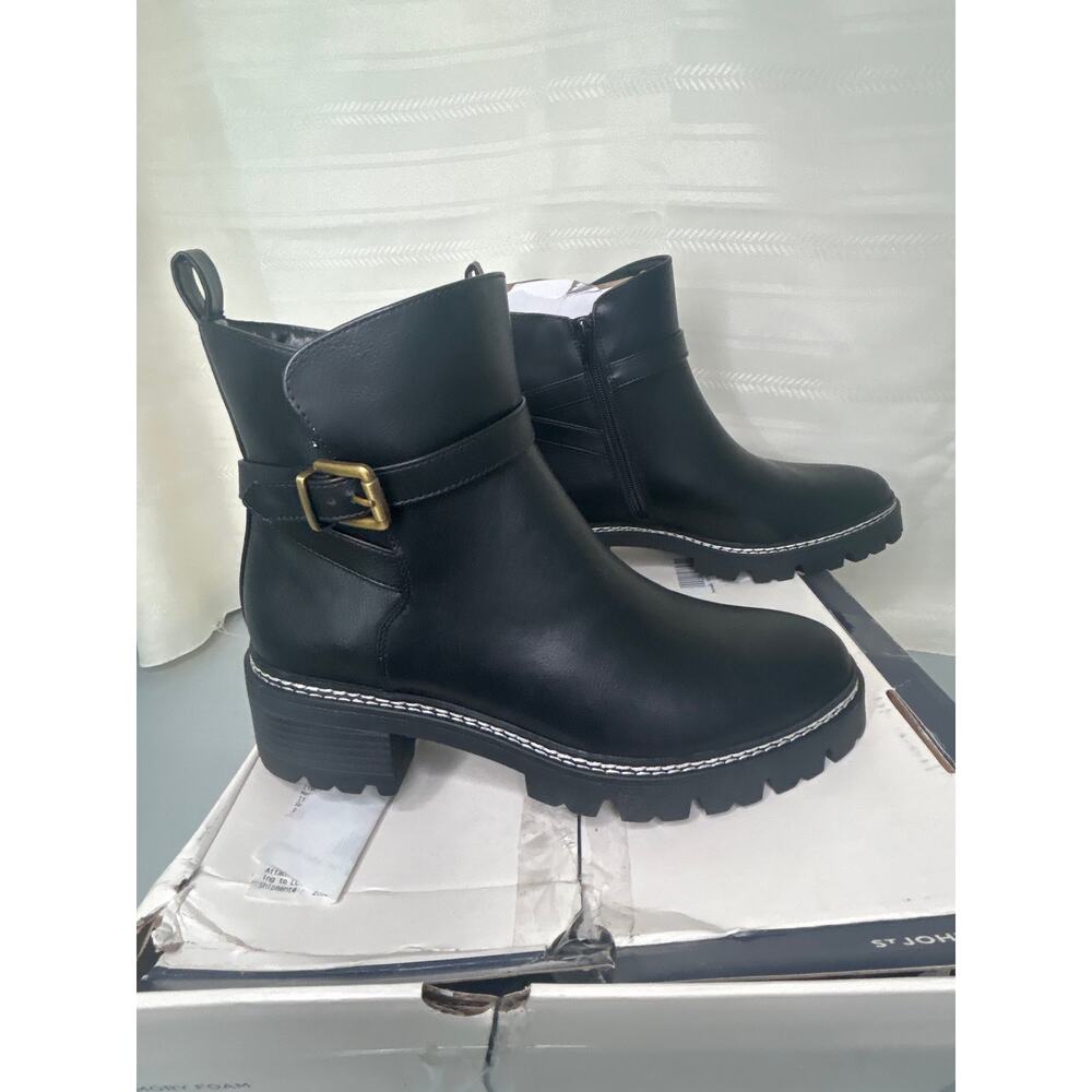St. John's Bay Daymarc Leather Block Heel Ankle Booties Black Womens Size 9.5M - Picture 10 of 14